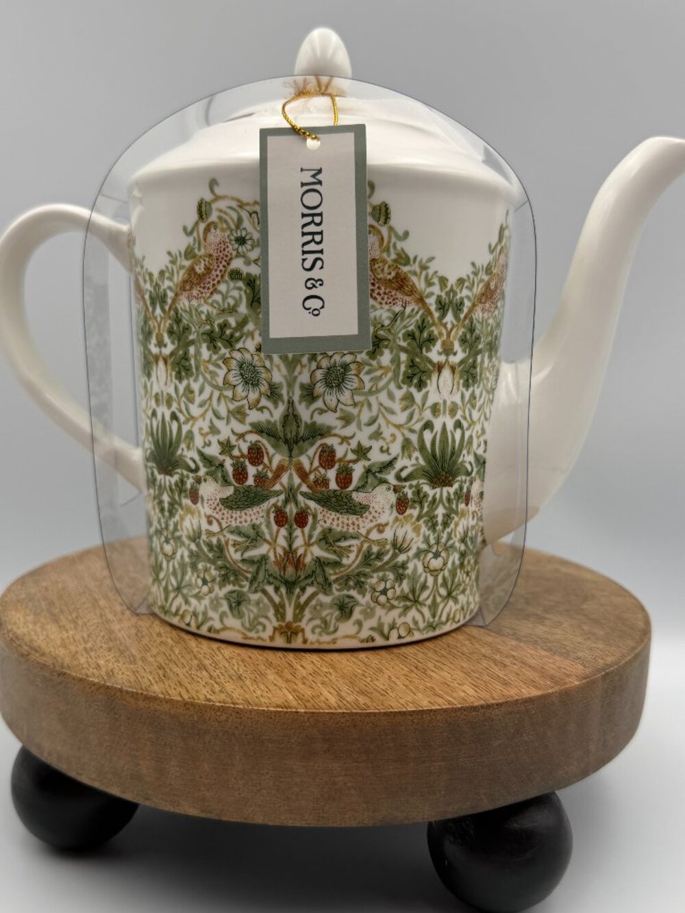 William Morris & Co Strawberry Thief White Porcelain Teapot Birds Green Tan NIP